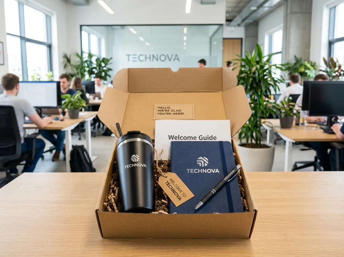 Welcome Pack для IT-компании: набор с ежедневником, термокружкой и ручкой с логотипом в крафт-коробке, светлый офисный интерьер